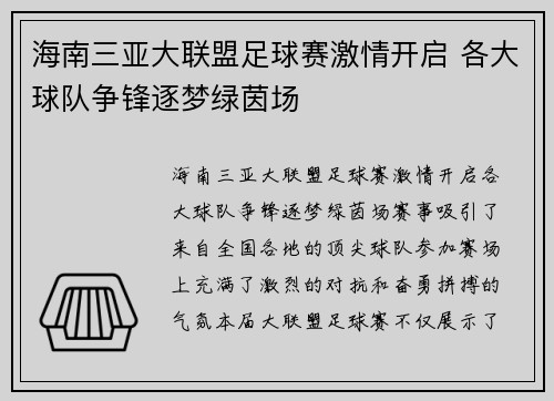 海南三亚大联盟足球赛激情开启 各大球队争锋逐梦绿茵场